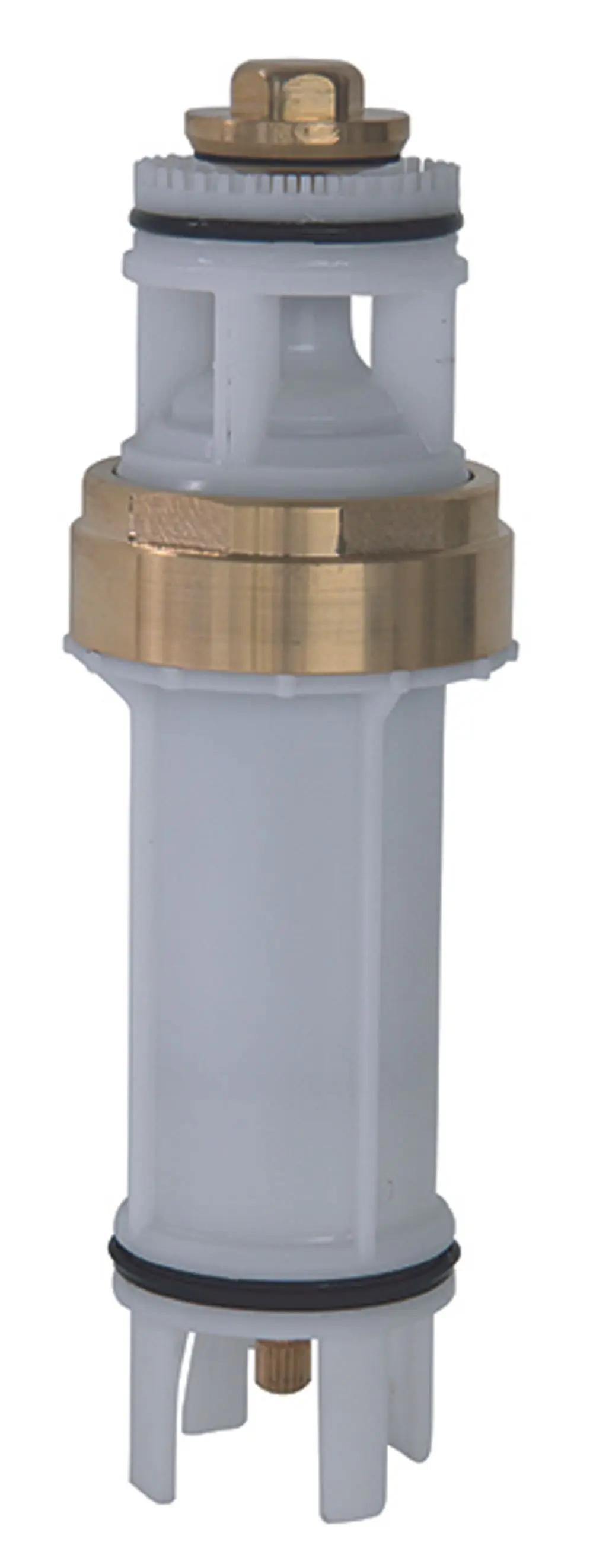Druckminderer-Patrone von Syr, bestehend aus einer Kombination von weißen und goldenen Komponenten sowie Dichtungen, mit zentralem Steuermechanismus.
